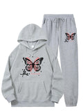 Women Casual Long Sleeve Hoodie with Pocket and Joggers, Butterfly Print Polyester Set