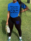 Women Casual Two-Piece Blue "Did You Know" Graphic Tee & Black Leggings