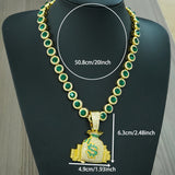 Luxury Hip Hop-Inspired Green Money Bag Pendant Necklace with Rhinestones - KC Golden Plated Zinc Alloy, Perfect for Daily & Party Occasions, Everyday Jewelry|Hip Hop Jewelry|Detailed Craftsmanship