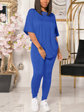 Women Solid Casual Crew Neck Short Sleeve T-shirt & Pants Two-piece Set