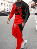 Men Casual KING Pattern Crew Neck Long Sleeve T shirt Drawstring Sweatpants Jogger Set