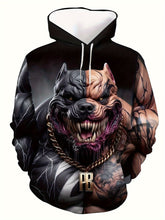 Men 3D Digital Printed Devil Pitbull Pattern Kangaroo Pocket Hoodie Long Length Casual Warm Hooded Sweatshirt.