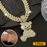 Beast Bear Pendant Rhinestone Cuban Chain Hip Hop Street Style Necklace & Bracelet