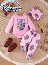 Boys and Girls Newborn Stitch and Angel Cartoon Print Three-Piece Set