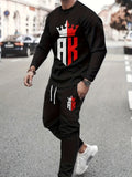 Men Casual KING Pattern Crew Neck Long Sleeve T shirt Drawstring Sweatpants Jogger Set