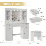 Vanity Desk Set with Mirror and Lights, White Vanity Table with Stool & 7 Drawers and Glass Cabinets, Makeup Table with 3 Lights Mode for Bedroom
