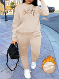 Women Casual Cozy Gray "Beautiful" Letter Print Sweatshirt & Pants Set