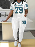 Casual Striped Baseball Element V-Neck Short Sleeve Top with Long Pants Set