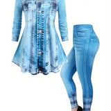 Women Casual Imitation Denim Print Two-piece, Short Sleeve Crew Neck T-shirt & Leggings