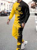Men Casual KING Pattern Crew Neck Long Sleeve T shirt Drawstring Sweatpants Jogger Set