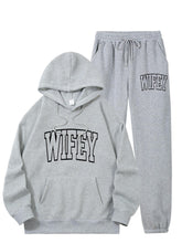 Women WIFEY Printed Hoodie Casual Long Sleeve Pocket Sweatshirt Set