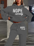Women Casual Polyester Two-Piece"NOPE Not Today" Letter Print, Hooded Sweatshirt with Pockets & Drawstring Joggers