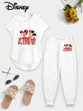 Women Disney Drawstring Sleeveless Hooded Top Summer Letter Print Pants Set