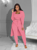 Women Casual Three-piece Ribbed Solid Open Front Long Sleeve Cardigan Tank Top Lace Up Pants