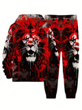 Men Plus Size 3D Lion Print Sportswear Set Long Sleeve Hoodie and Sport Trousers