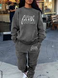 Women Faith Inspirational Letter Print Two-Piece Set Cozy Polyester Crew Neck Sweatshirt & Pants Pockets