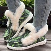 Dawang Women's Slip-On Leaf Faux Fur-Lined Boots - Soft Fabric Upper & PU Sole, Casual All-Season Comfort Shoes with Random Print Design
