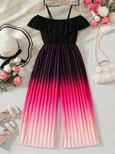 ' Elegant Gradient Color Wide-Leg Pants with Ruffled Strapless Top - Soft Pink to Black Ombre, Vertical Pleated Design, Comfortable Spring/Fall Casual & Semi-Formal Outfits for Outdoor Play, Shopping, Parties - Stylish and Ve