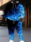 Men Plus Casual Blue Flame Print Large Size Sweatshirt And Pants Two-Piece Set