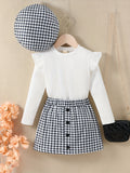 Girl Elegant 3pcs, Ribbed Long Sleeve Top & Beret Hat & Houndstooth Skirt Set, Button Decor Casual Outfit Kids Outdoor