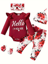 Newborn Baby Girl Clothes Hello I'm New Here Letter Romper+Floral Pants+Hat+Headband+Gloves Coming Home Outfits