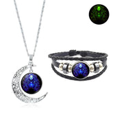 1pc Glow-in-the-Dark Zodiac Necklace Set Hollow Moon Pendant Leather Bracelet Jewelry Set