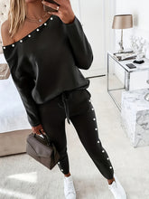 Women Beaded Cold Shoulder Long Sleeve Top & Drawstring Pants two piece set