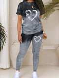 Women Casual Heart Print Two-piece Crew Neck Short Sleeve T-shirt & Skinny Legging