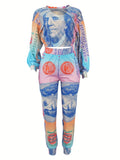Women Leisure Fashion USD Positioning Printed Long Sleeved Long Pants Two-piece Set