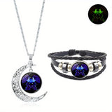 1pc Glow-in-the-Dark Zodiac Necklace Set Hollow Moon Pendant Leather Bracelet Jewelry Set