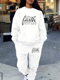 Women Faith Inspirational Letter Print Two-Piece Set Cozy Polyester Crew Neck Sweatshirt & Pants Pockets
