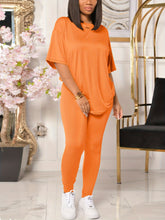 Women Solid Casual Crew Neck Short Sleeve T-shirt & Pants Two-piece Set