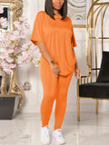 Women Solid Casual Crew Neck Short Sleeve T-shirt & Pants Two-piece Set
