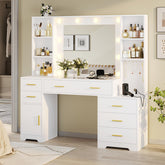Large Dressing Table With Lighted Mirror And Electrical Outlet, With 6 Drawers, 4 Shelves And 1 Storage, Makeup Vanity, White