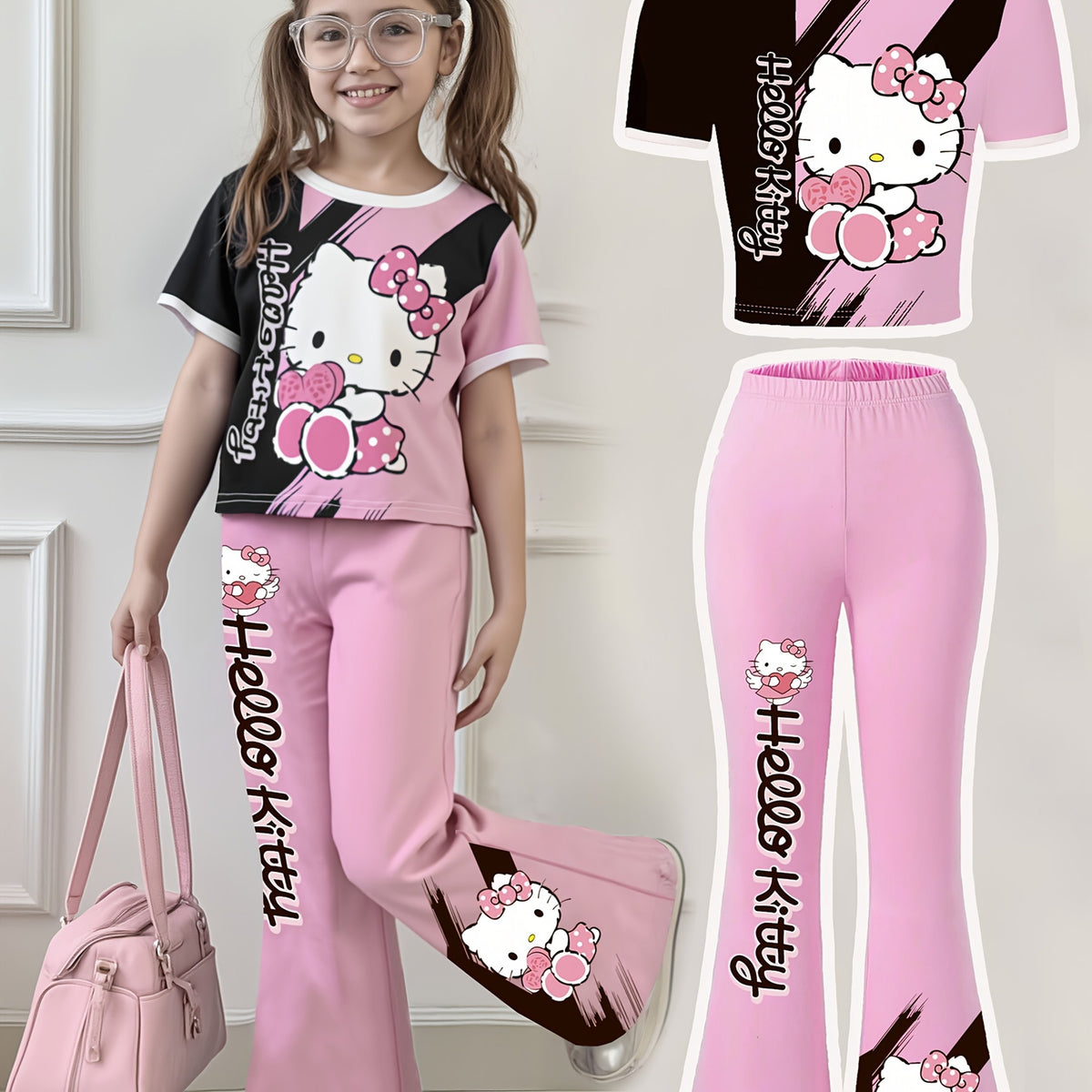 Sanrio Ku'luo'm Girls Heart Bow Short Round Neck T-Shirt + Slim Fit Flared Pants Two-Piece Set
