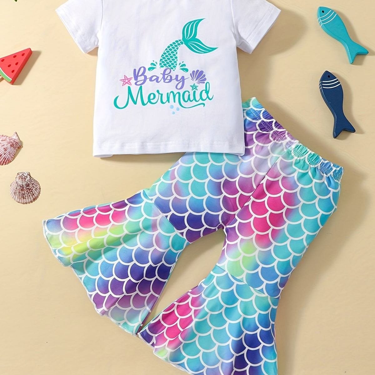 Girls Round Neck Short Sleeve Letter Print shirt Colorful Fish Scale Print Bell Bottom Pants Set