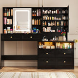 58.6" Large Vanity Desk with Sliding Mirror & Lights, Black Makeup Vanity Table & Nightstand Combo with Power Outlet and 6 Drawers 15 Shelves with Light Strips for Bedroom Dressing Room