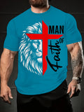 1pc Men'S Plus Size Christian T-Shirt, Faith Man Religious Lion Graphic Tee, Inspirational Religious Apparel, Casual Sports Crew Neck Top, 95% Polyester 5% Spandex Knit Fabric with Slight Stretch