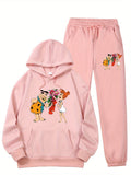 Women Cartoon Character Printed Warm Long Sleeve Hoodie  Kangaroo Pocket Sweatpants Set