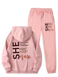 Women Cozy Fleece-Lined Hoodie & Sweatpants Letter Print Set