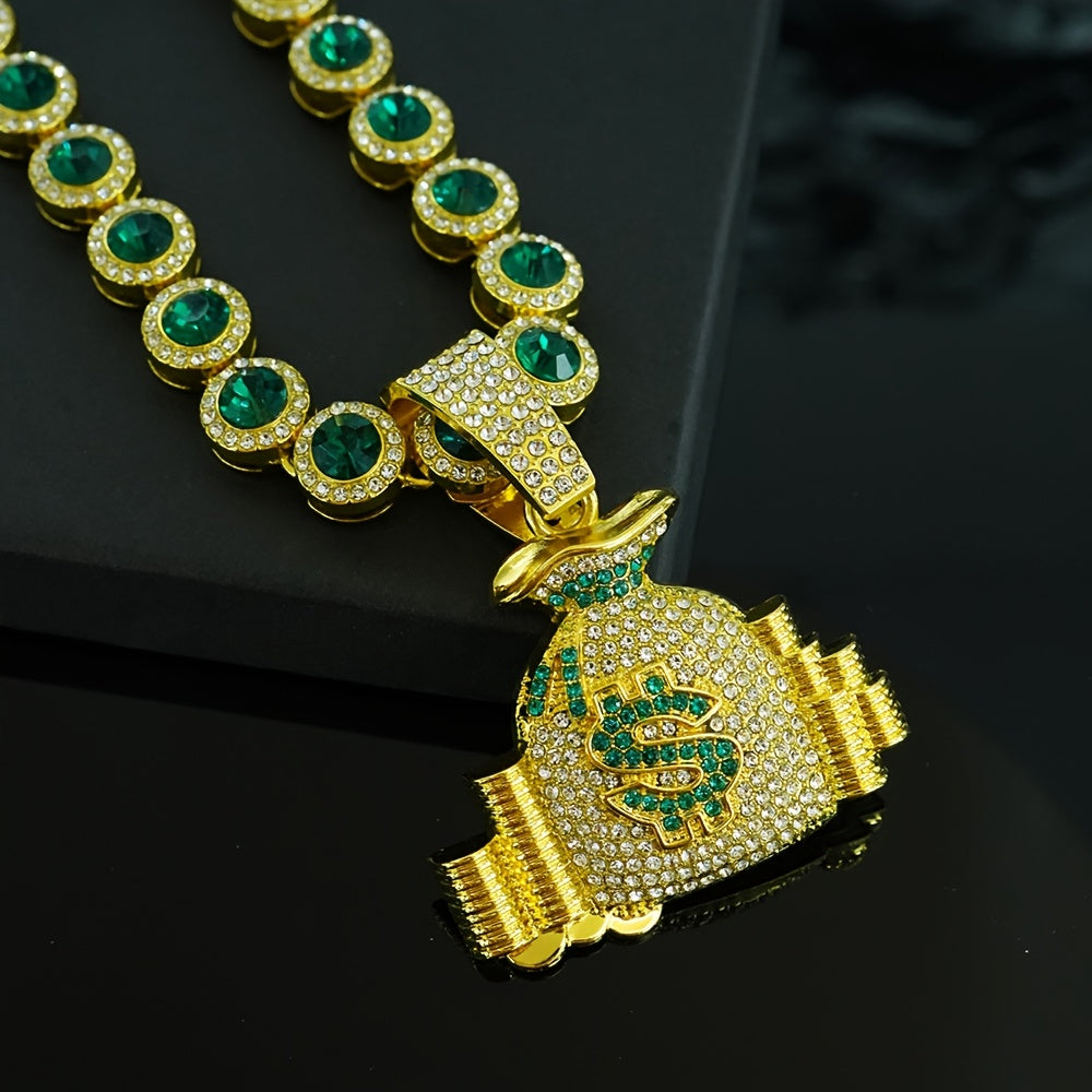 Luxury Hip Hop-Inspired Green Money Bag Pendant Necklace with Rhinestones - KC Golden Plated Zinc Alloy, Perfect for Daily & Party Occasions, Everyday Jewelry|Hip Hop Jewelry|Detailed Craftsmanship