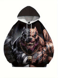 Men 3D Digital Printed Devil Pitbull Pattern Kangaroo Pocket Hoodie Long Length Casual Warm Hooded Sweatshirt.
