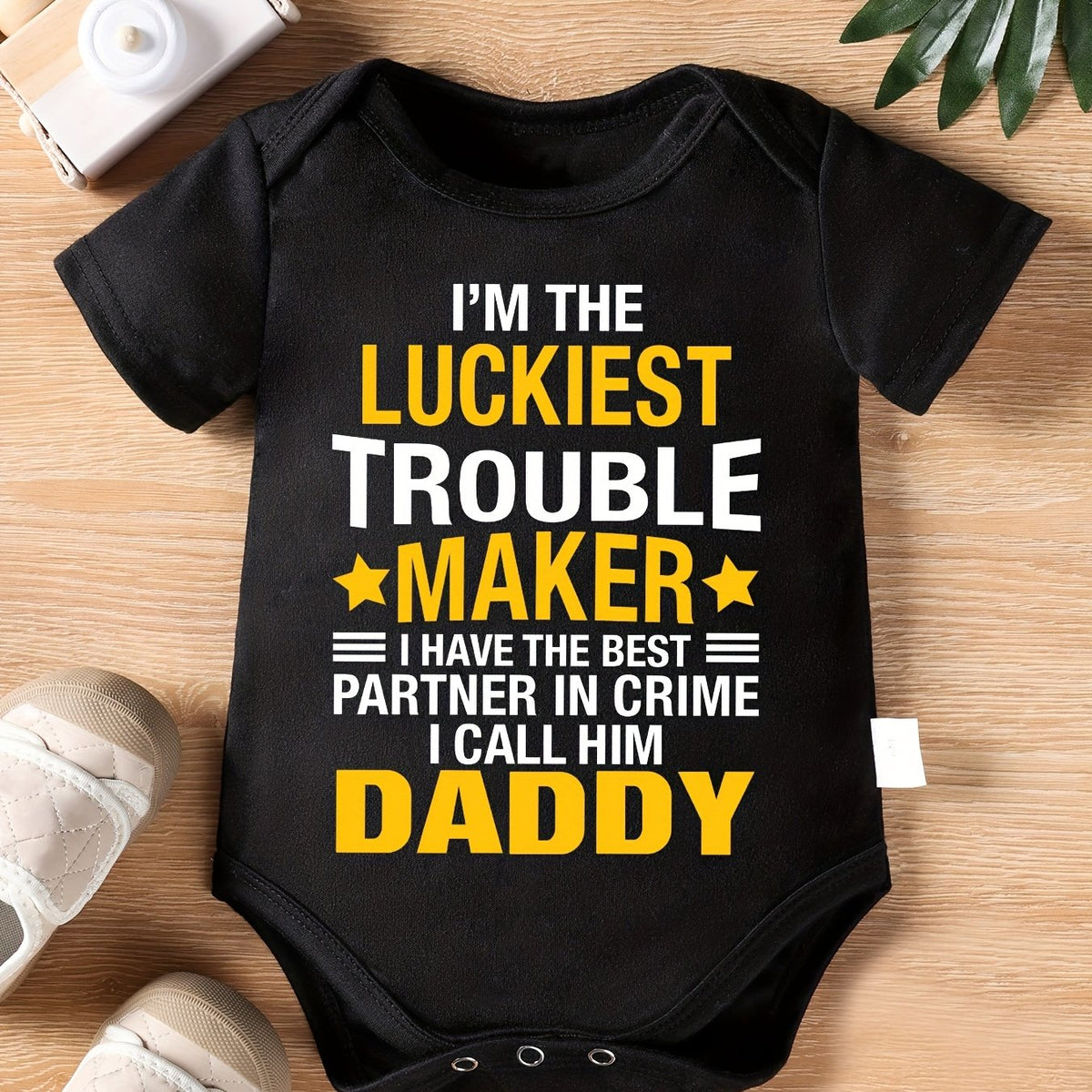 Infant Baby Regular Fit Short Sleeve  "I'm The Luckiest Trouble Maker Bodysuit Romper