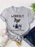 Women Casual Short Sleeve Humorous Cat & Dumbbell "Workout Because Murder Is Wrong" T-Shirt