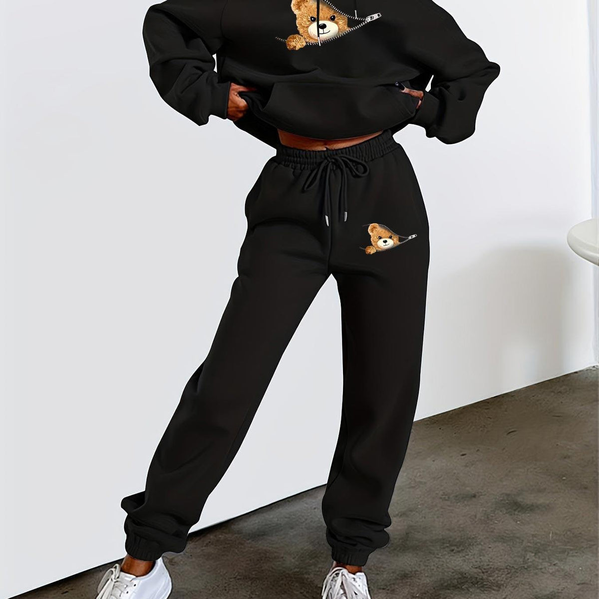 Women Casual Bear Print Hoodie & Joggers Pockets Set