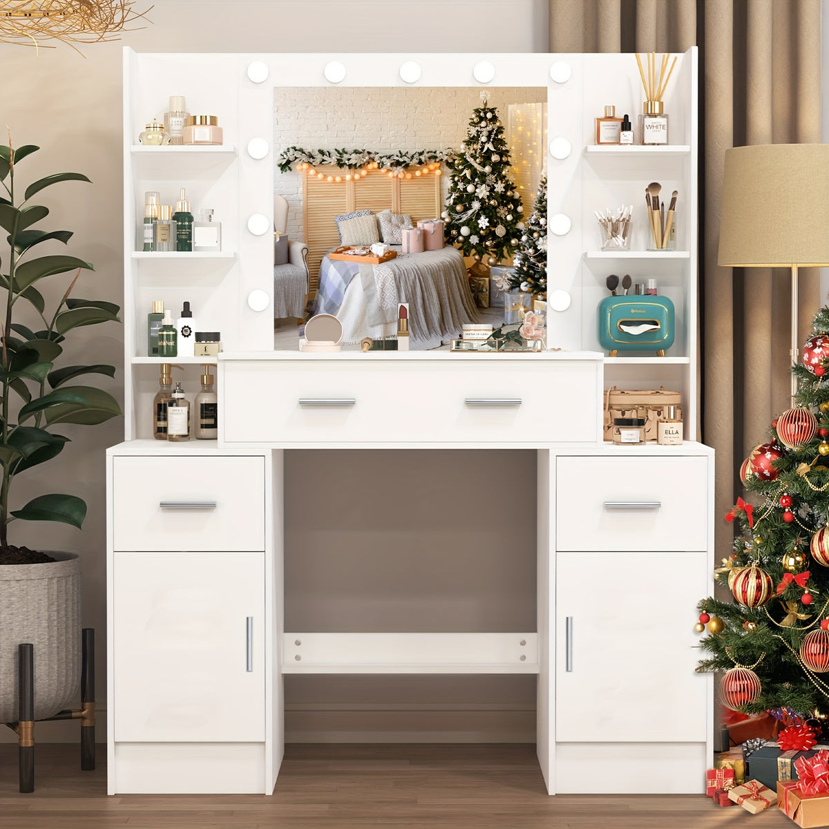 White Solid Wood Dresser Illuminated Vanity Mirror 3 Adjustable Lighting Modes, Large Capacity Storage Dresser