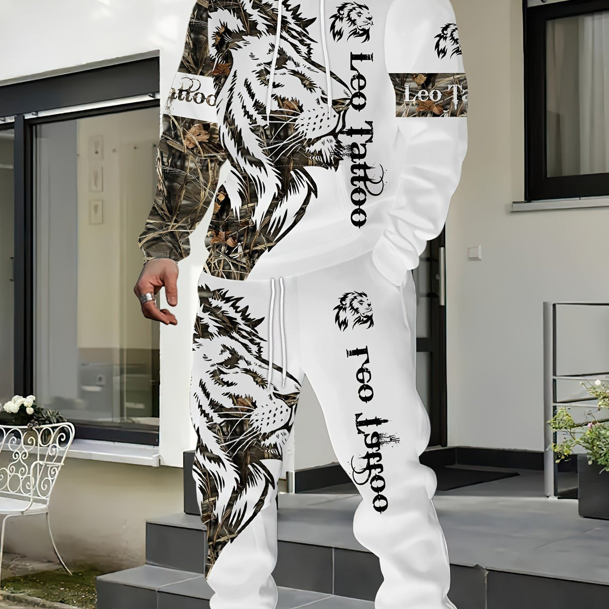 Men Casual PLUS SIZE Street Style Lion Letter Print Hoodie and Sweatpants Set