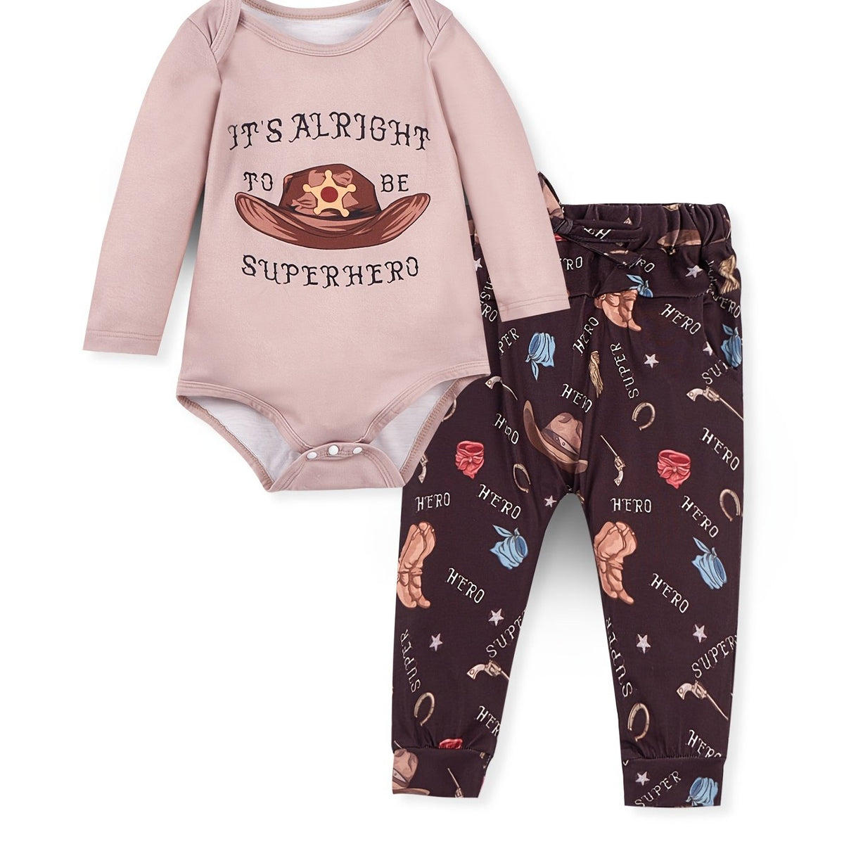 LULUKAKA Boys' Cozy Fall/Winter Outfit Set - Long Sleeve Romper with Hat Print & Cowboy Graphic Pants, Machine Washable, Round Neck, Cowboy, Twoiece Set, Perfect for Outdoor