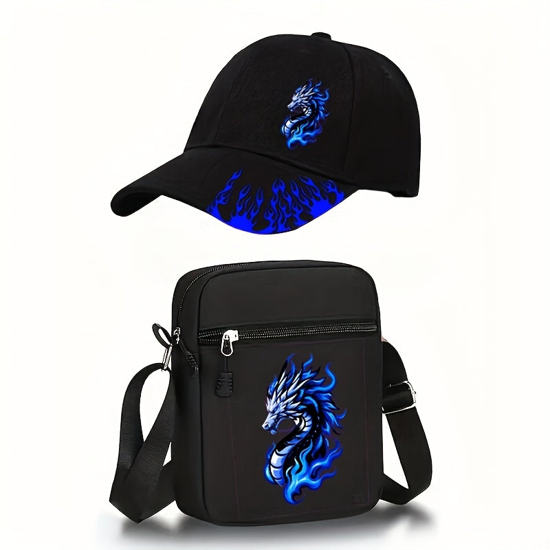 2pcs Flame Dragon Print Neutral Curved Brim Hip-hop Baseball Cap And Messenger Bag, Y2k Style Street Fashion Outdoor Sports Baseball Cap Curved Brim Hat And Bag, Adjustable, Gift for Yourself Or Friends