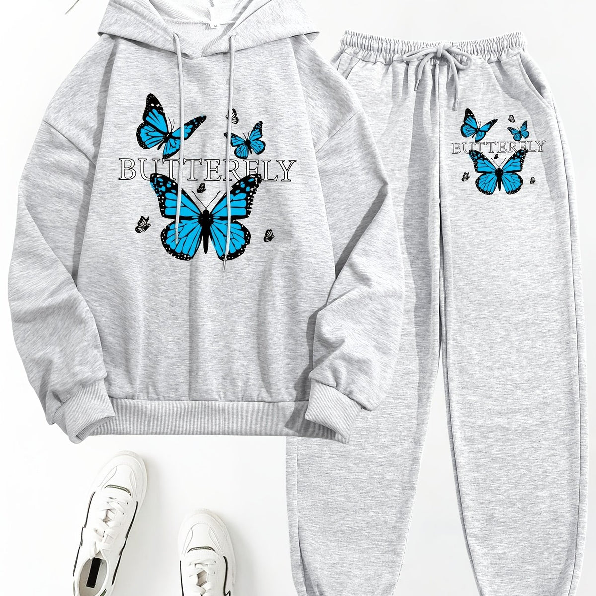 Women Casual Butterfly Print Hooded Long Sleeve Top & Jogger Pant set